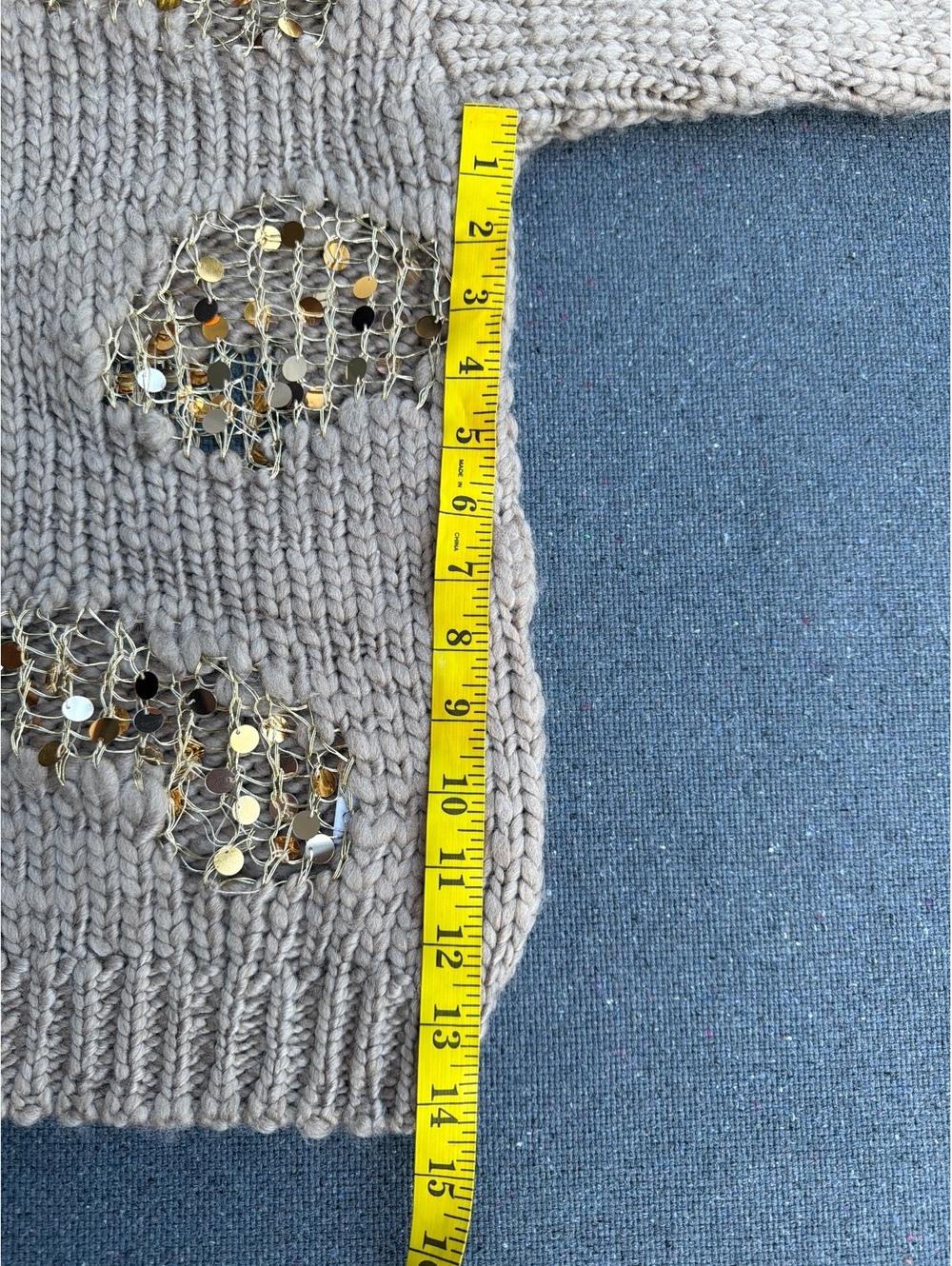 Zara Women's Size S Taupe Chunky Knit Gold Sequin Detail Crew Neck Sweater - Picture 4 of 9